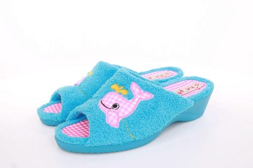 s`knöpfli Damen Pantolette Hausschuh Frottee Motiv- Druck blau S13 K27314 