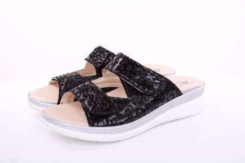 Fußbequem Damen Pantolette Wechselfußbett Stretch- Einsatz metallisch glänzend braun, schwarz S13 5012 