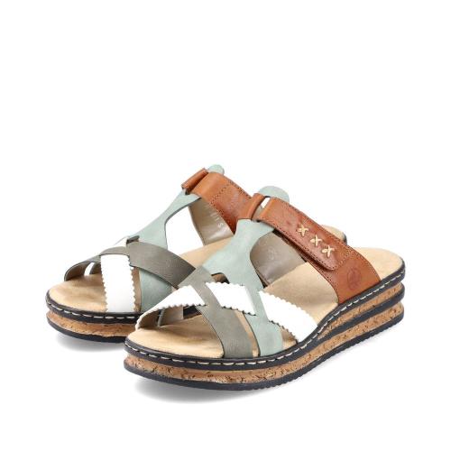 Rieker Damen Pantoletten schokobraun-mintgrün-weiß Keilabsatz S13  62989-90 