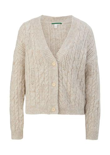 QS designed by Strickjacke Ajourmuster V- Ausschnitt Knopfleiste beige S22 2119051 