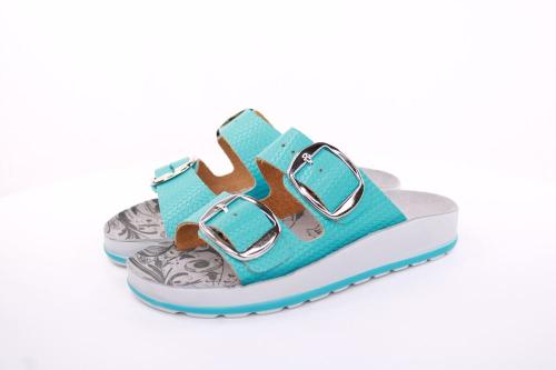 Fußbequem Damen Pantolette Leder weiß, blau S13 D1112 