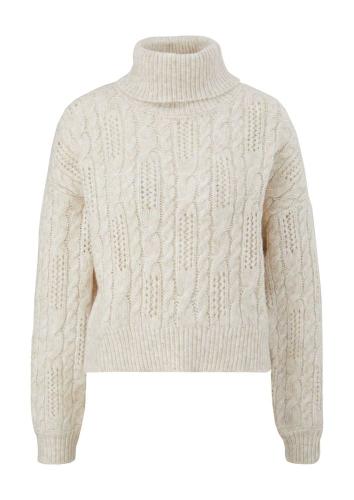 QS designed  by Pullover Ajourmuster Rollkragen beige, grün S22 2119042 