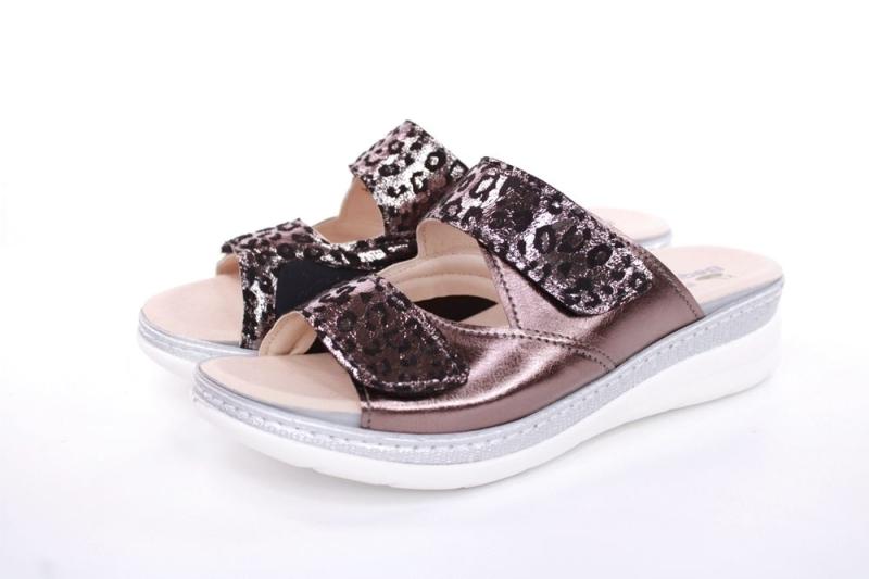 Fußbequem Damen Pantolette Wechselfußbett Stretch- Einsatz metallisch glänzend braun, schwarz S13 5012 