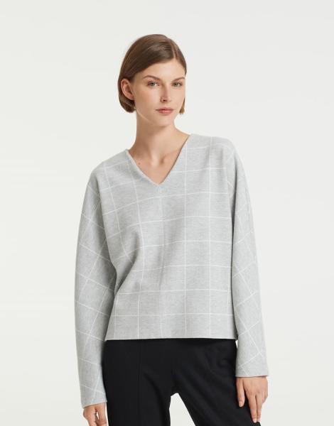 OPUS Sweater Gavini check Pullover V- Ausschnitt grau S22 10095710760145 