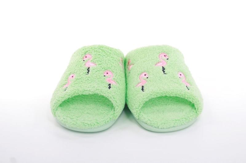 s`knöpfli Damen Pantolette Hausschuh Frottee Flamingo- Motiv grün S13 Z28814 