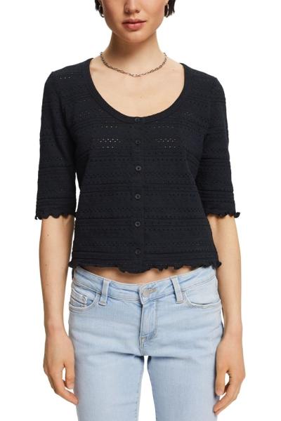 EDC T- Shirt Knopfleiste Lochmuster Rollsaum schwarz, weiß S12 042CC1K316 S | C001 BLACK | 