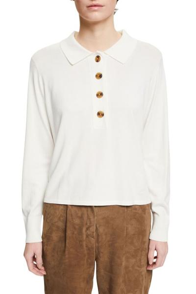 ESPRIT Damen Polo- langarm Pullover Umlegekragen Knopfleiste weiß S12 022EE1I325 L | E110 OFF WHITE | 