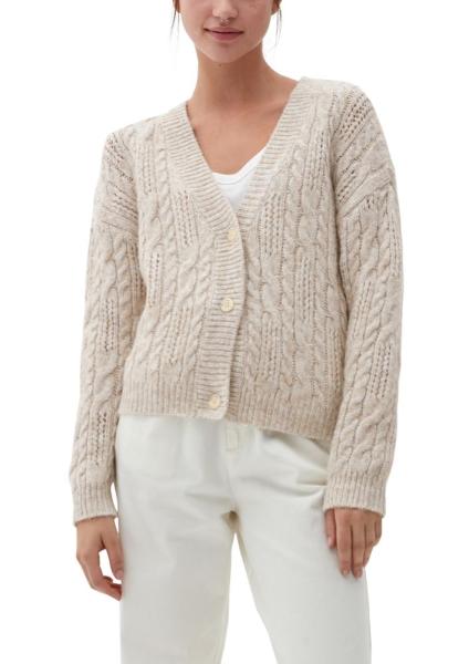 QS designed by Strickjacke Ajourmuster V- Ausschnitt Knopfleiste beige S22 2119051 