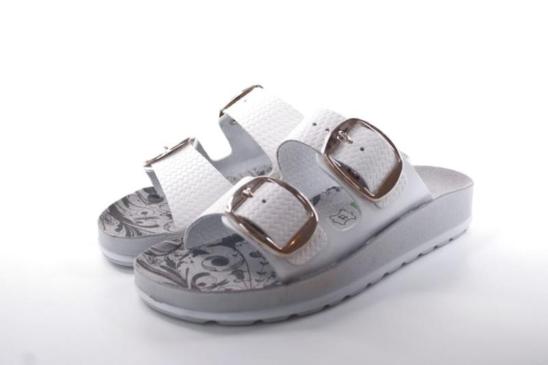 Fußbequem Damen Pantolette Leder weiß, blau S13 D1112 