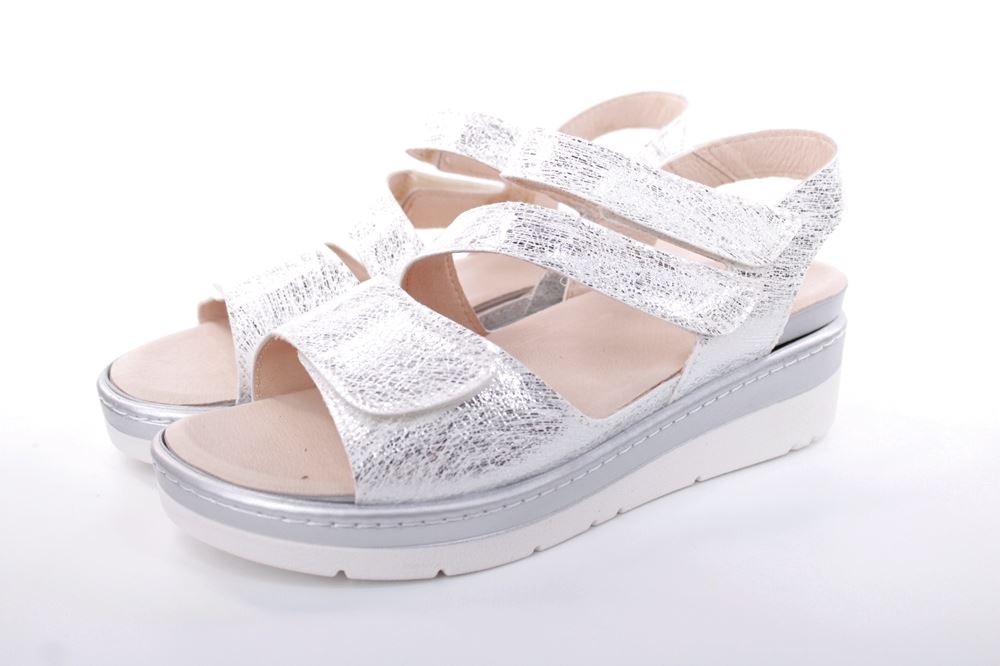 Fußbequem Damen Sandale Wechselfußbett metallisch glänzend weiß S13 10201 