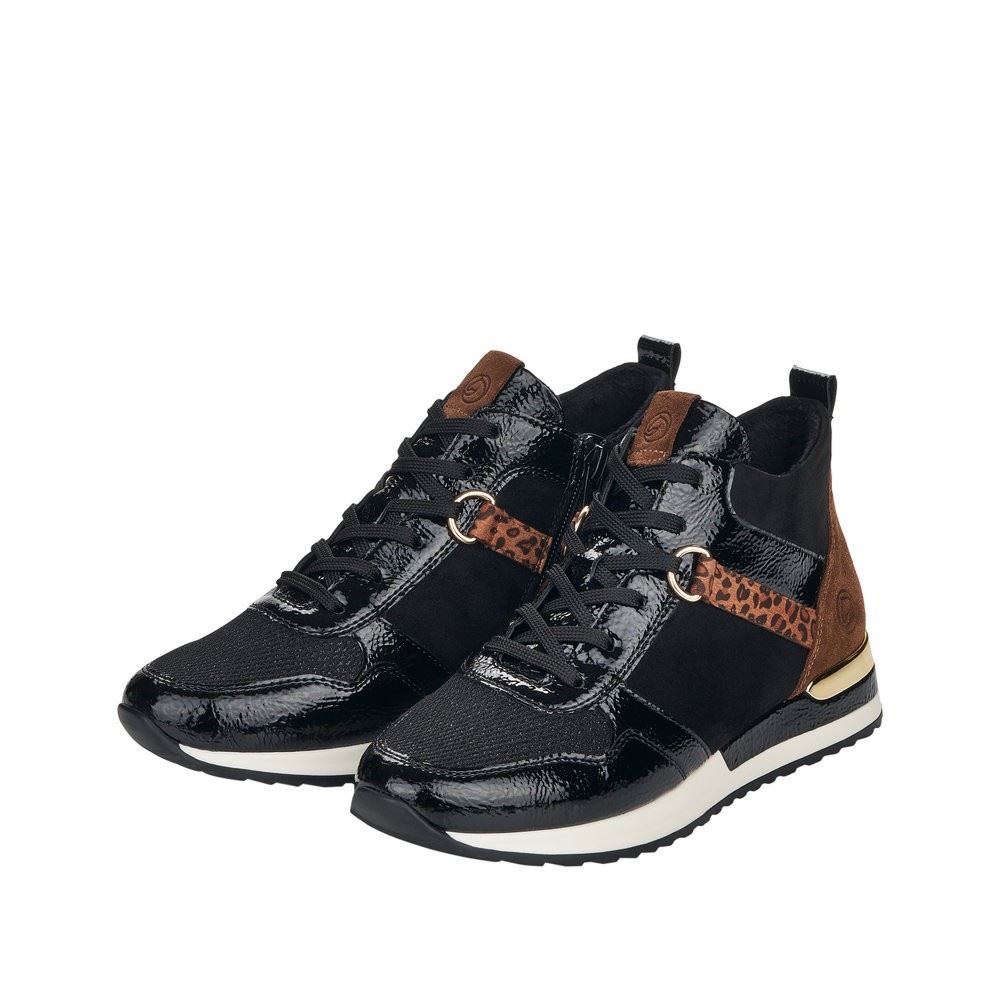 Remonta Damen Sneaker High Schnürschuh Leder, Lederimitat, Lack  Wechselfußbett schwarz S22 R2574-02 36 | black/schwarz/s | F