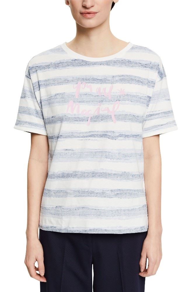 ESPRIT Gestreiftes T-Shirt mit Print aus Bio-Baumwolle 032EE1K321 S | E110 OFF WHITE | 