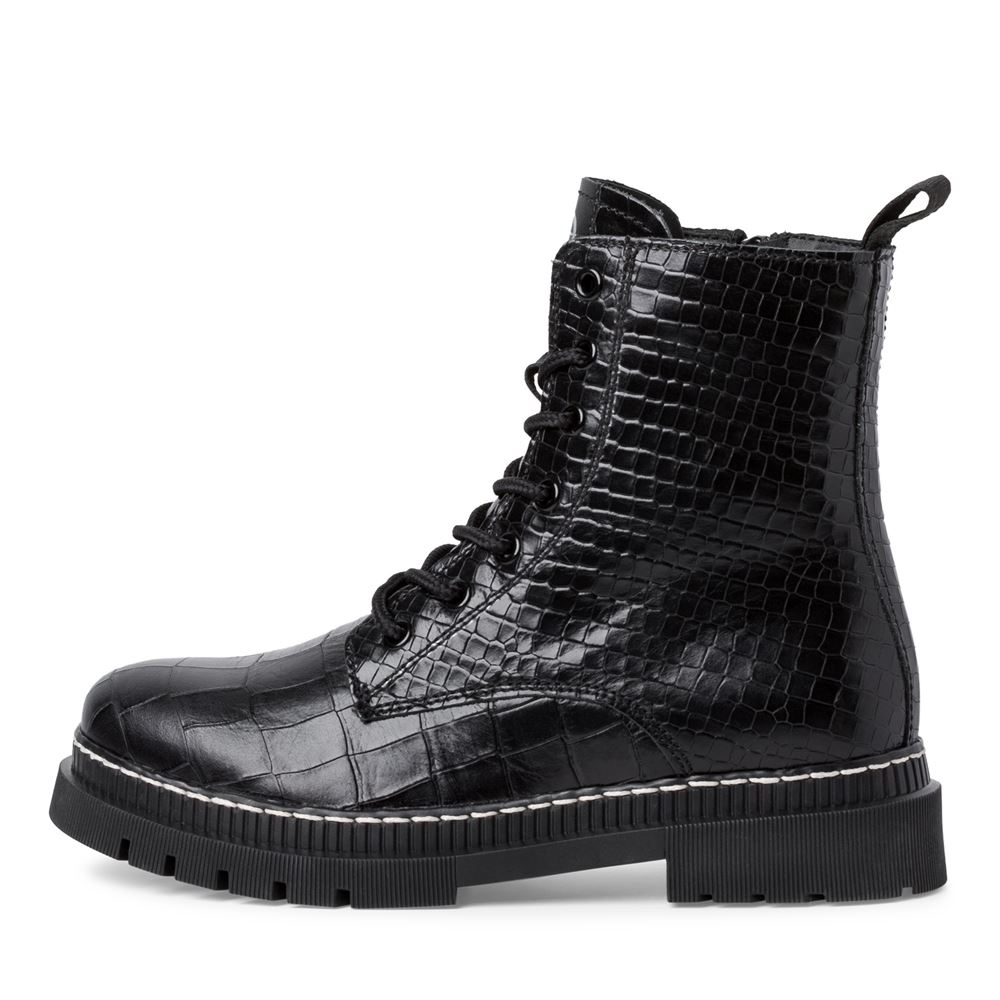 Tamaris Schnürstiefelette Schnürboots Leder Croco- Prägung derbe Sohle TOUCHit-Fußbett schwarz S22 1-1-25862-29 37 | 028 BLACK CROCO | 