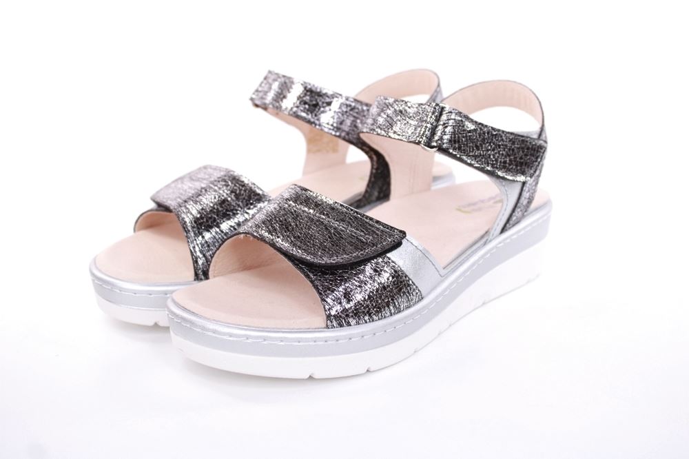 Fußbequem Damen Sandale Wechselfußbett metallisch glänzend schwarz S13 10101 