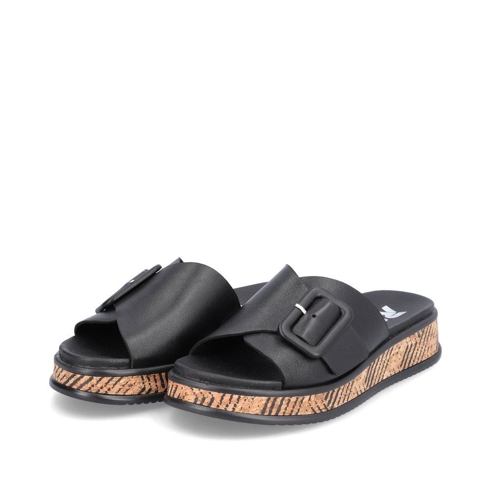 Rieker EVOLUTION Damen Pantolette dekorative Schnalle Sohle Korkoptik Leder schwarz S13 W0803-00 