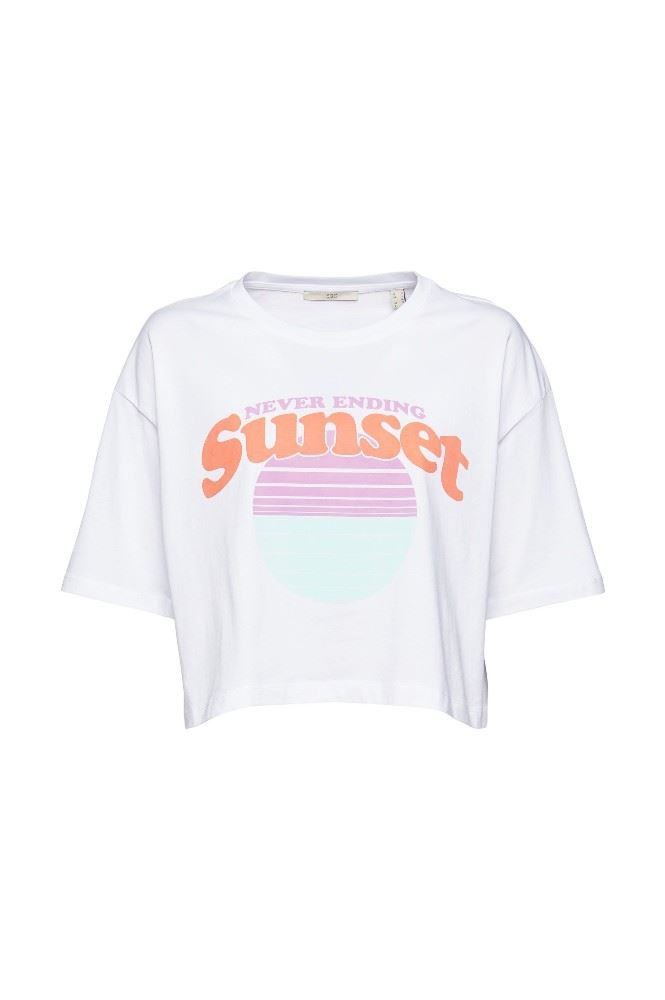 EDC Cropped T-Shirt Frontprint Rundhalsausschnitt weiß S12 062CC1K315 L | C100 WHITE | 
