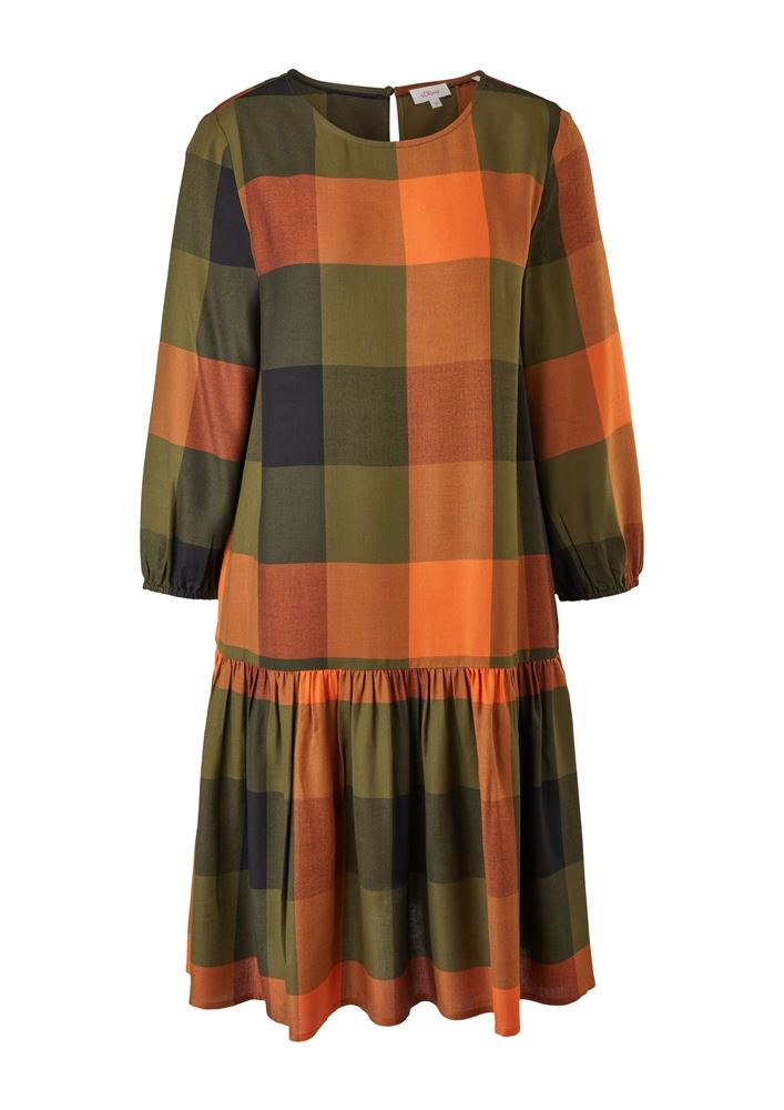 s.Oliver Damen Volantkleid karriert Rundhals-Ausschnitt orange, grün S22 2120724 34 | 79N0 GREEN | 