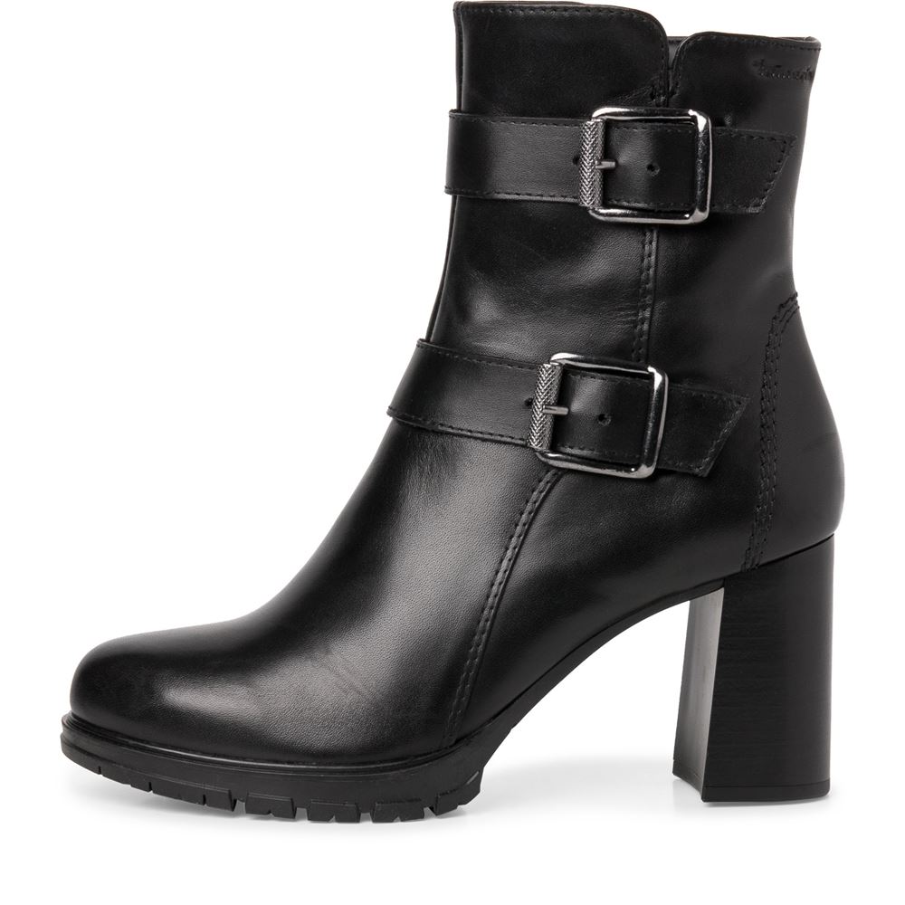 Tamaris Stiefelette Leder Zierschnallen hoher Blockabsatz TOUCHit- Fußbett schwarz S22 1-1-25384-29 37 | 001 BLACK | 