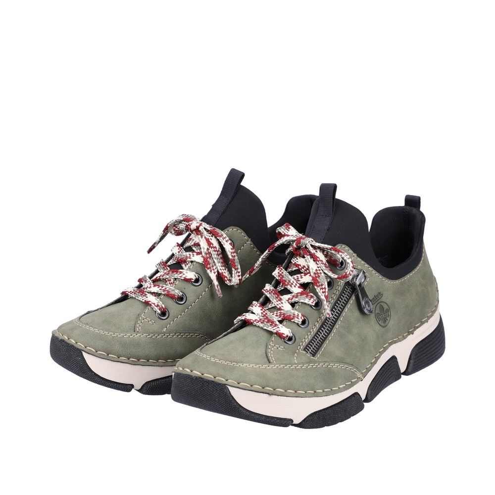 Rieker Antistress Damen Slipper Sneaker Schlupfschaft Zierreißverschluss Wechselfußbett grün S22 45973-54 37 | liane/schwarz | F