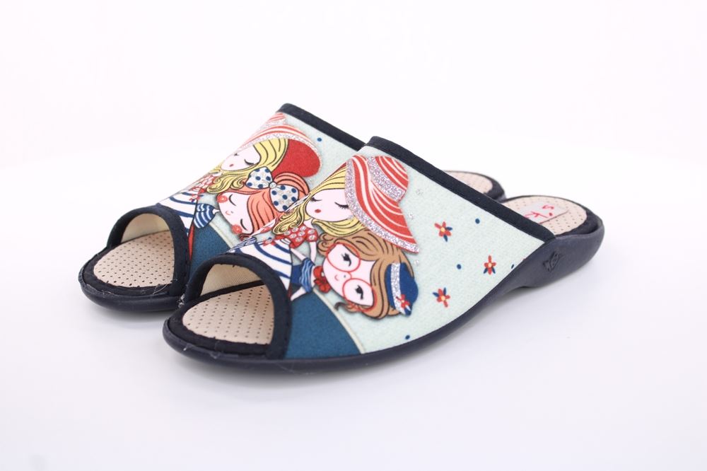 s`knöpfli Damen Pantolette Hausschuh Motiv blau S13 Z28827 