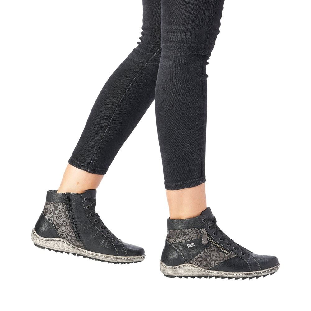 Remonte Stiefelette Schnürstiefel Reißverschluss Tex Membran Wechselfußbett schwarz grau  R1497-45 
