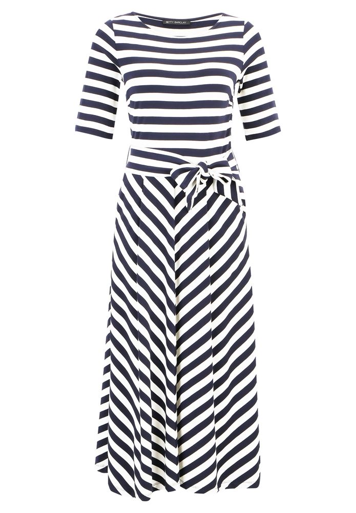 Betty Barclay tailliertes Jerseykleid Streifen Midi- Länge Eingrifftaschen weiß blauS13  13921405 