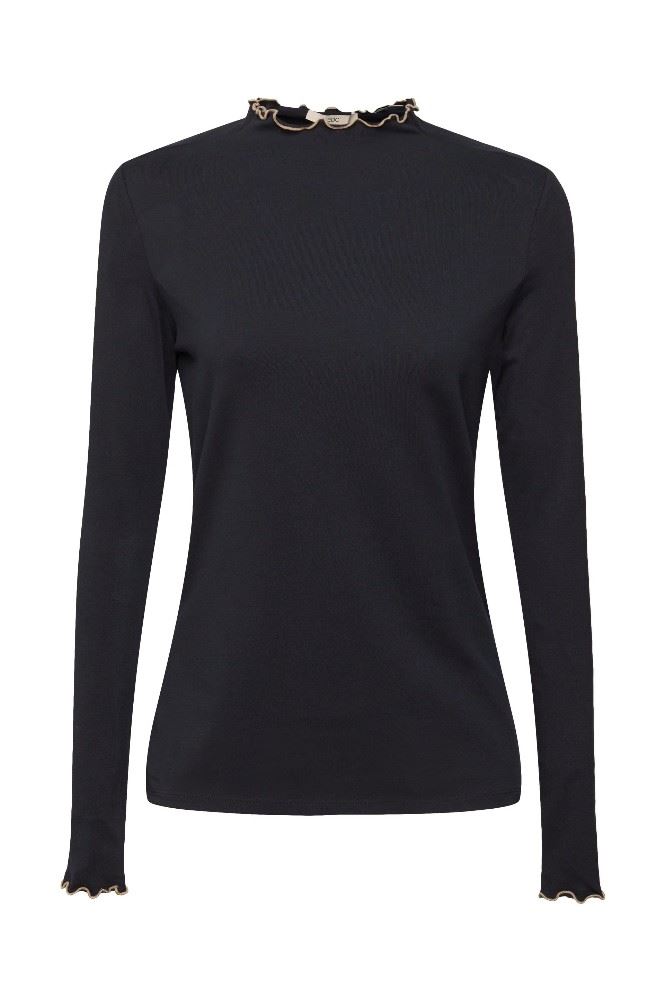 EDC Langarmshirt Long Sleeve gerüschter Ärmelbund, Auschnitt Kontrastnähte schwarz S22  082CC1K311 L | C001 BLACK | 