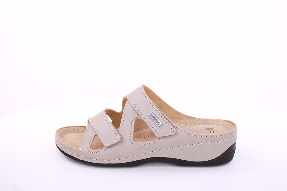 Fußbequem Damen Pantolette Leder Klettverschluss braun, grau S13 2000 