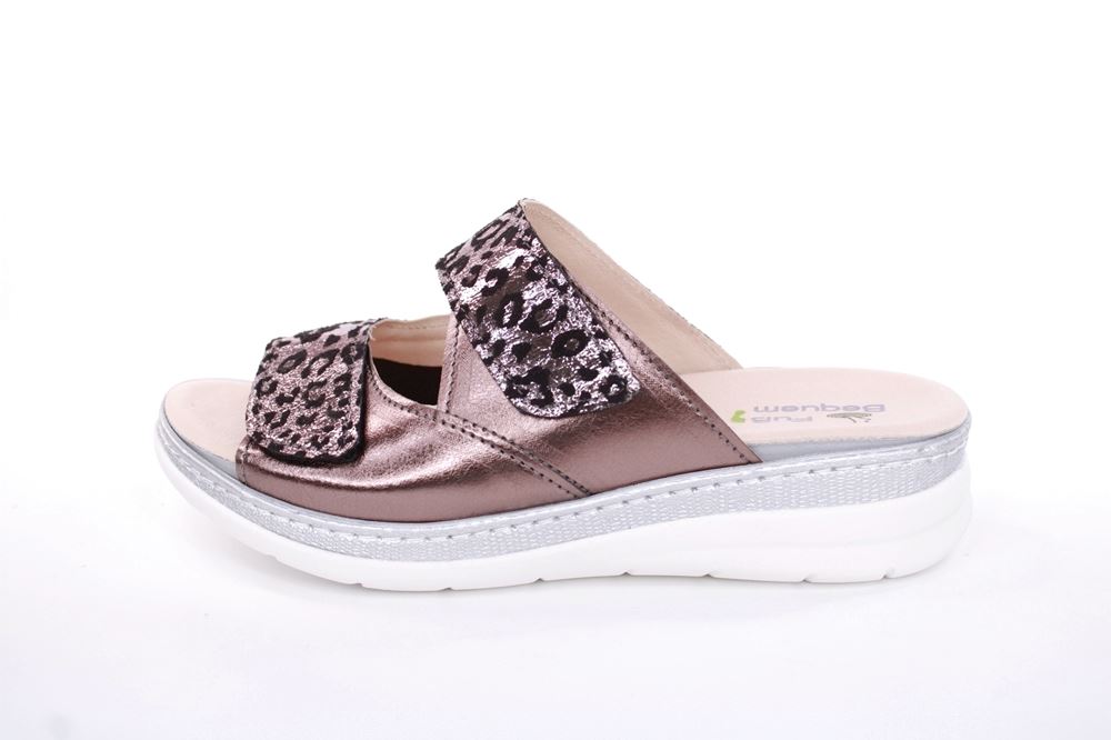 Fußbequem Damen Pantolette Wechselfußbett Stretch- Einsatz metallisch glänzend braun, schwarz S13 5012 