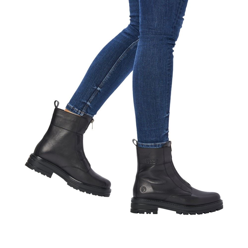 Remonte Damen Biker- Boots Leder Warmfutter Schurwolle Frontreißverschluss Wechselfußbett schwarz S22 D2280-01 37 | schwarz/schwarz | G