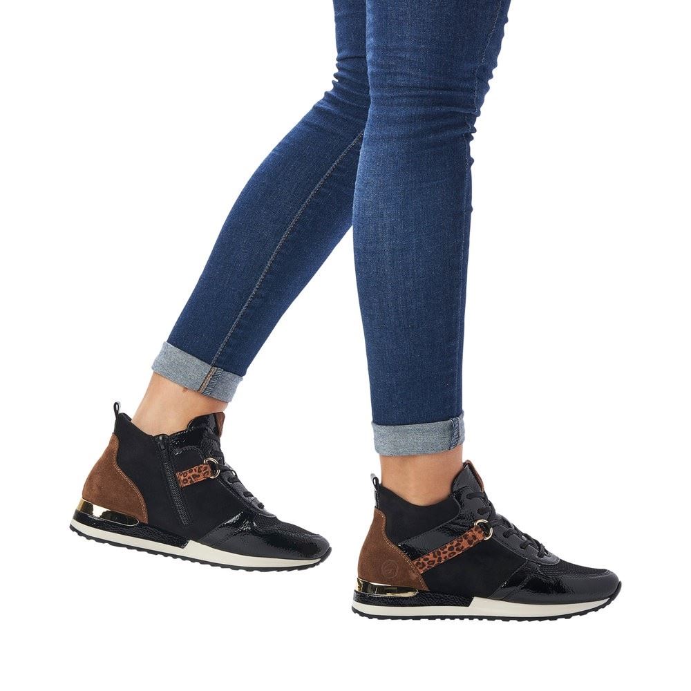 Remonta Damen Sneaker High Schnürschuh Leder, Lederimitat, Lack  Wechselfußbett schwarz S22 R2574-02 36 | black/schwarz/s | F