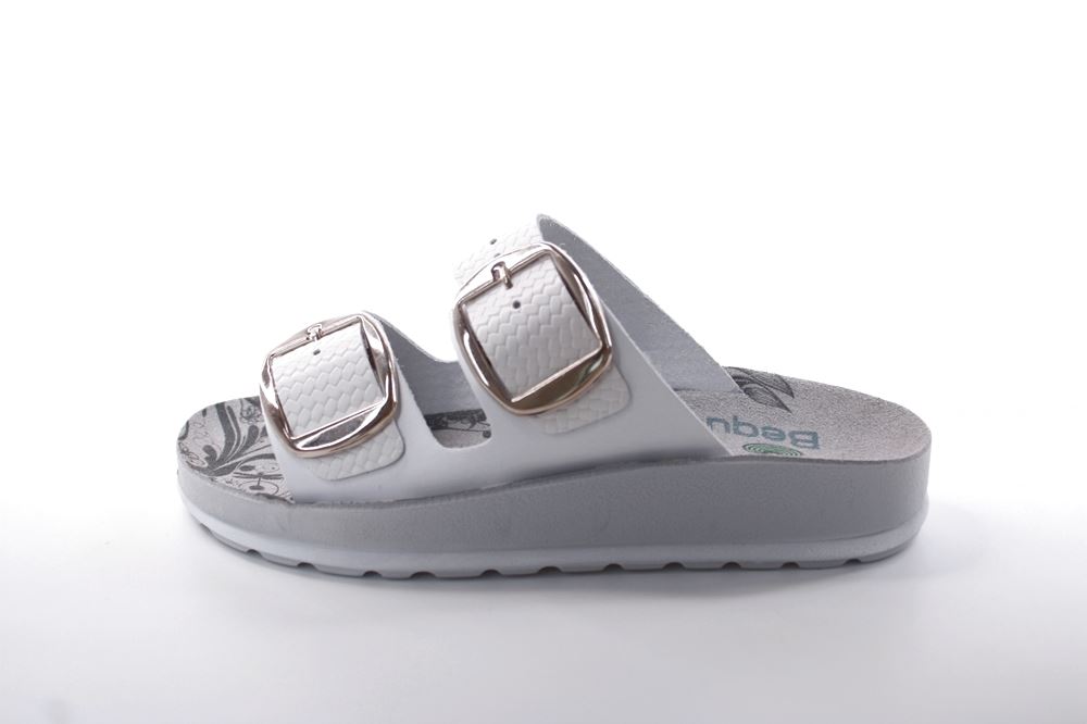 Fußbequem Damen Pantolette Leder weiß, blau S13 D1112 