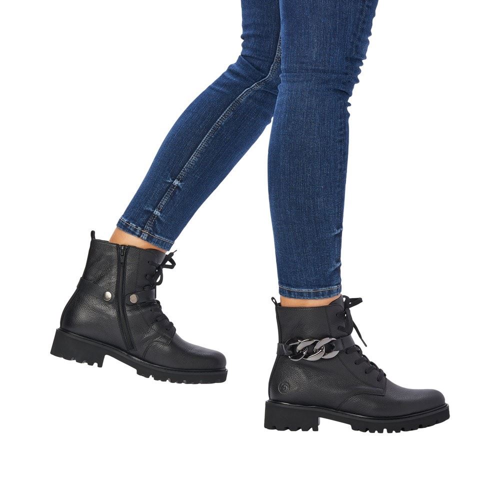 Remonte Damen Schnürboots Schnürstiefel Kettendetail Leder schwarz S22 D8699-00 40 | schwarz/schwarz | G
