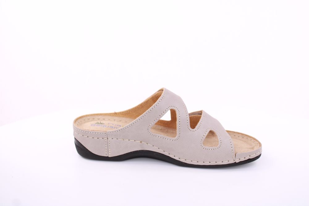 Fußbequem Damen Pantolette Leder Klettverschluss braun, grau S13 2000 