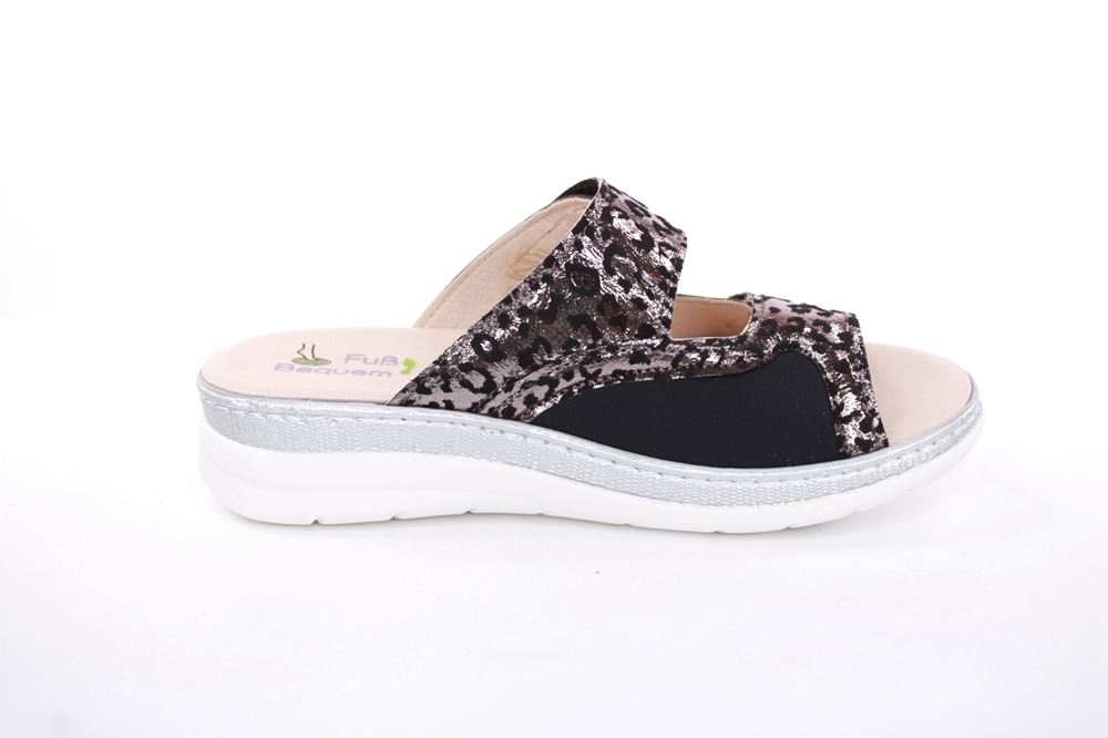 Fußbequem Damen Pantolette Wechselfußbett Stretch- Einsatz metallisch glänzend braun, schwarz S13 5012 