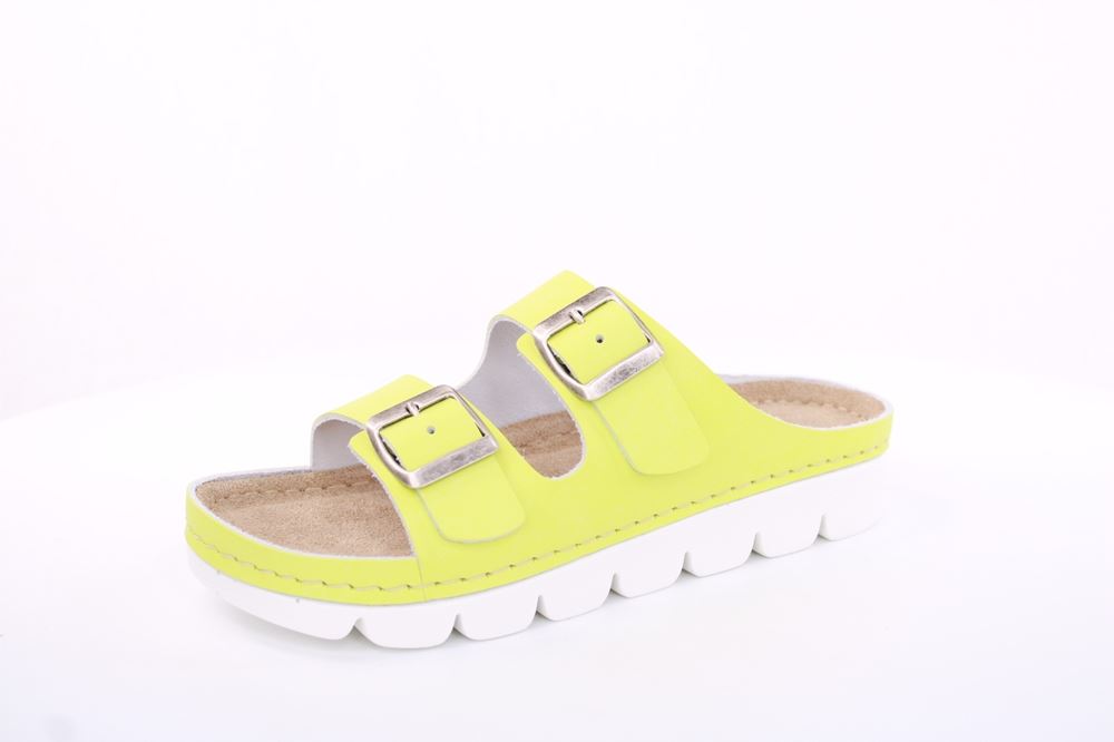 Fußbequem Damen Pantolette Leder gelb, pink S13 9002 