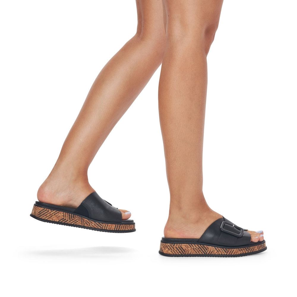 Rieker EVOLUTION Damen Pantolette dekorative Schnalle Sohle Korkoptik Leder schwarz S13 W0803-00 