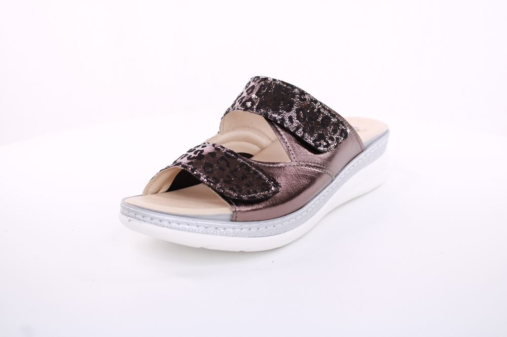 Fußbequem Damen Pantolette Wechselfußbett Stretch- Einsatz metallisch glänzend braun, schwarz S13 5012 