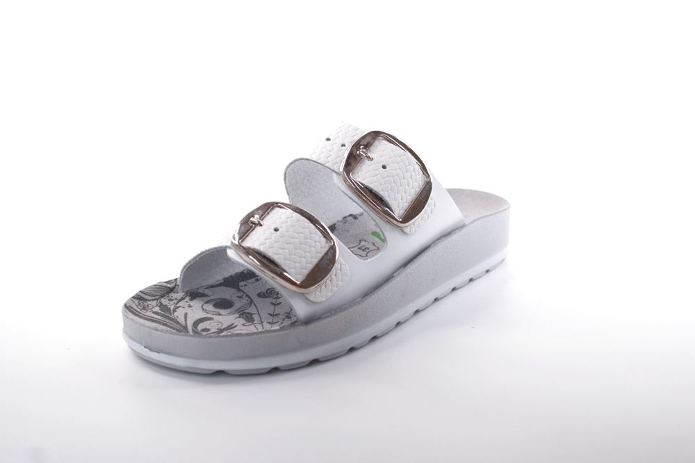 Fußbequem Damen Pantolette Leder weiß, blau S13 D1112 