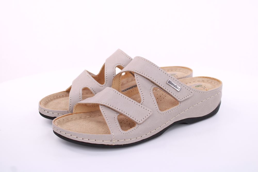 Fußbequem Damen Pantolette Leder Klettverschluss braun, grau S13 2000 