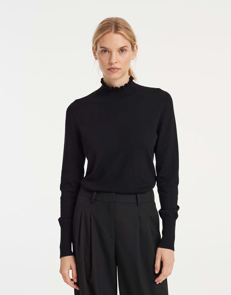 OPUS Strickpullover Polluna Rippbündchen Rüschenkante schwarz S22 1012515998100 44 | 900 black | 