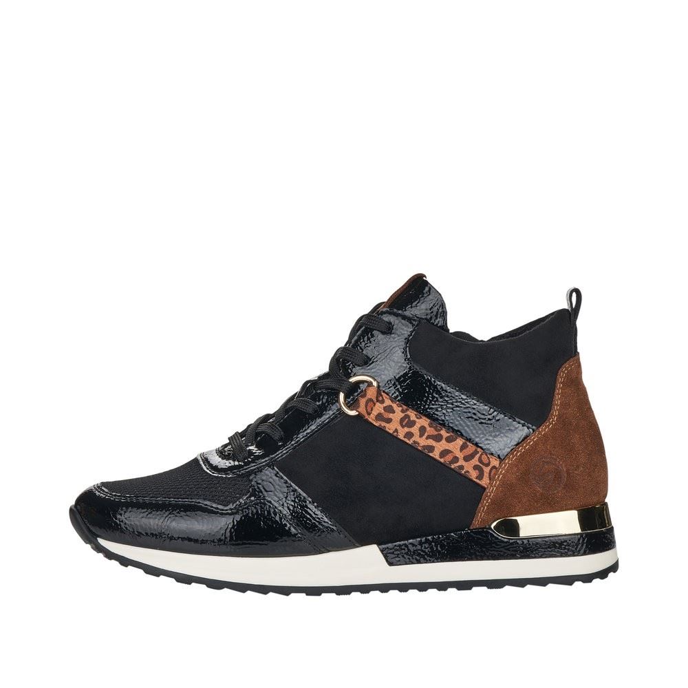 Remonta Damen Sneaker High Schnürschuh Leder, Lederimitat, Lack  Wechselfußbett schwarz S22 R2574-02 36 | black/schwarz/s | F