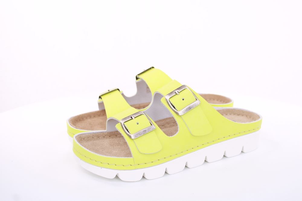 Fußbequem Damen Pantolette Leder gelb, pink S13 9002 