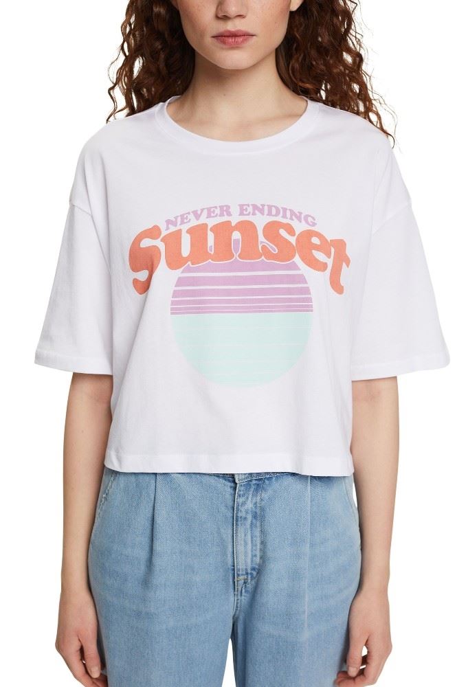 EDC Cropped T-Shirt Frontprint Rundhalsausschnitt weiß S12 062CC1K315 L | C100 WHITE | 