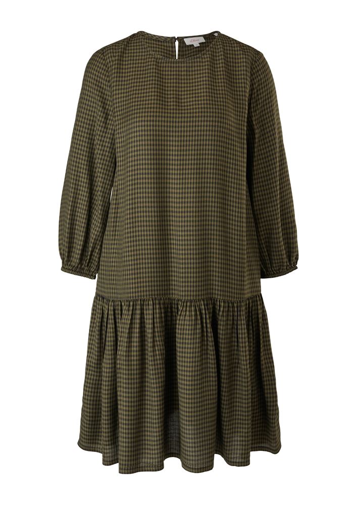 s.Oliver Damen Volantkleid karriert Rundhals-Ausschnitt orange, grün S22 2120724 34 | 79N0 GREEN | 