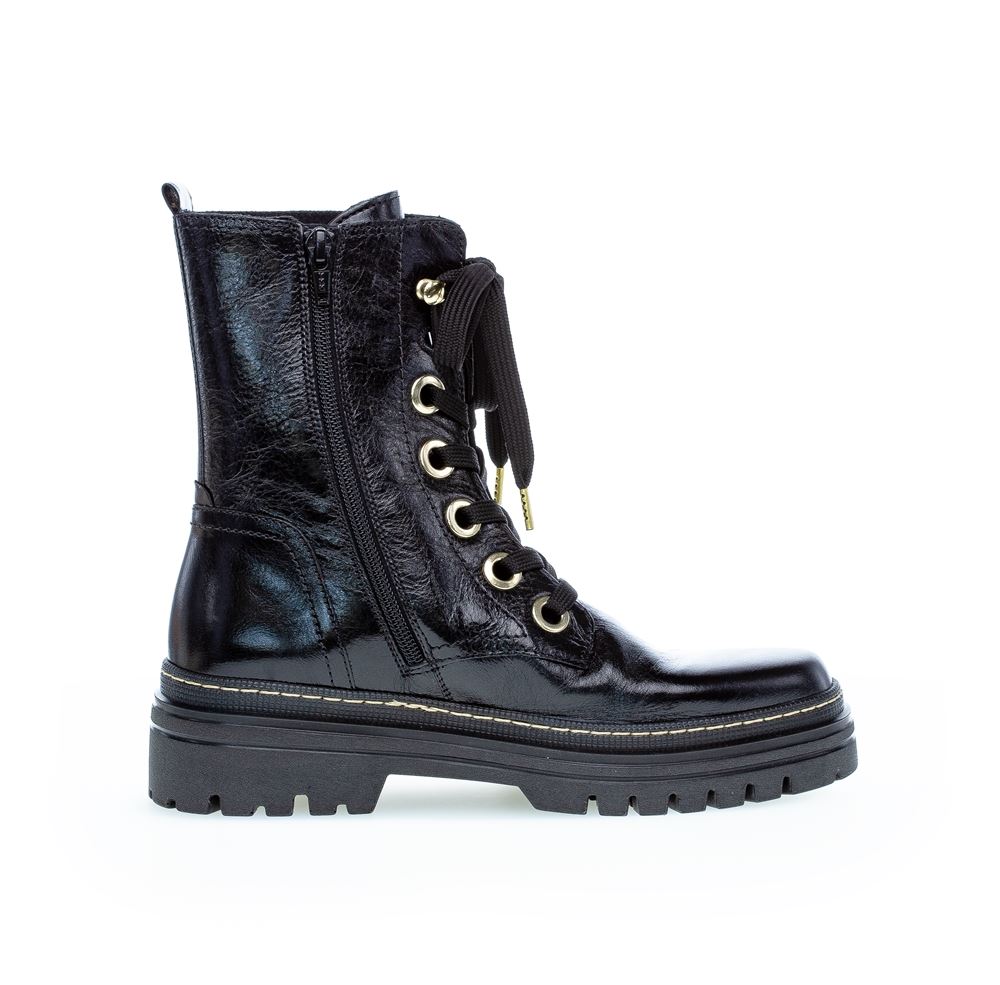 Gabor Bikerboot Schnürstiefelette Leder Wechselfußbett schwarz S22 91.721.37 7,5 | schwarz (gold) | F
