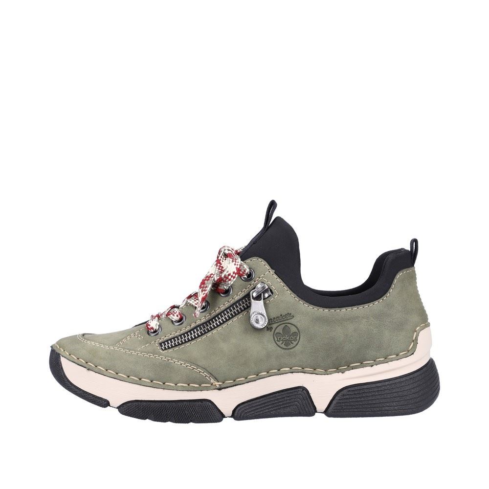 Rieker Antistress Damen Slipper Sneaker Schlupfschaft Zierreißverschluss Wechselfußbett grün S22 45973-54 37 | liane/schwarz | F
