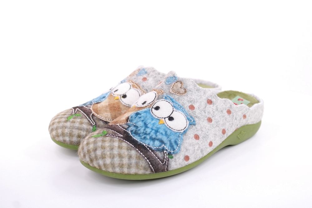 s`knöpfli Damen Hausschuh Pantolette Eulenmotiv Wechselfußbett grau S22 Z27658P 37 | fieltro kaki | 