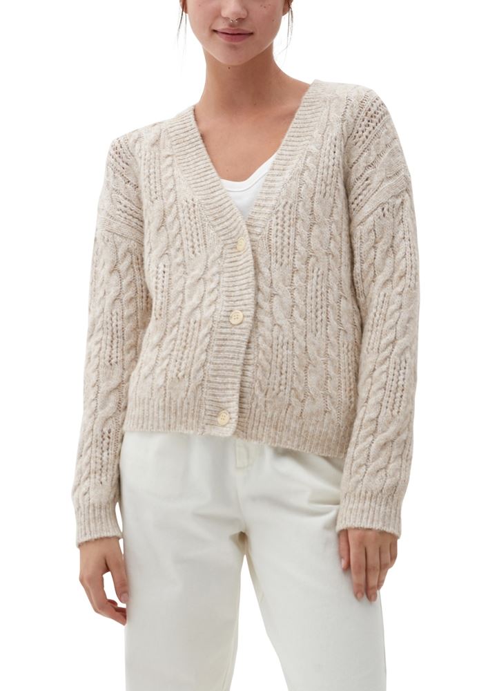 QS designed by Strickjacke Ajourmuster V- Ausschnitt Knopfleiste beige S22 2119051 L | 02W0 WHITE | 