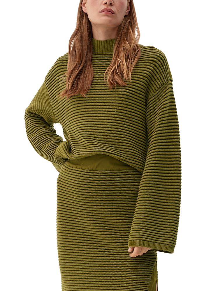 s.Oliver Damen Strickpullover Streifen Rippstruktur Trompetenärmel grün S22  2120792 40 | 77X6 GREEN | 